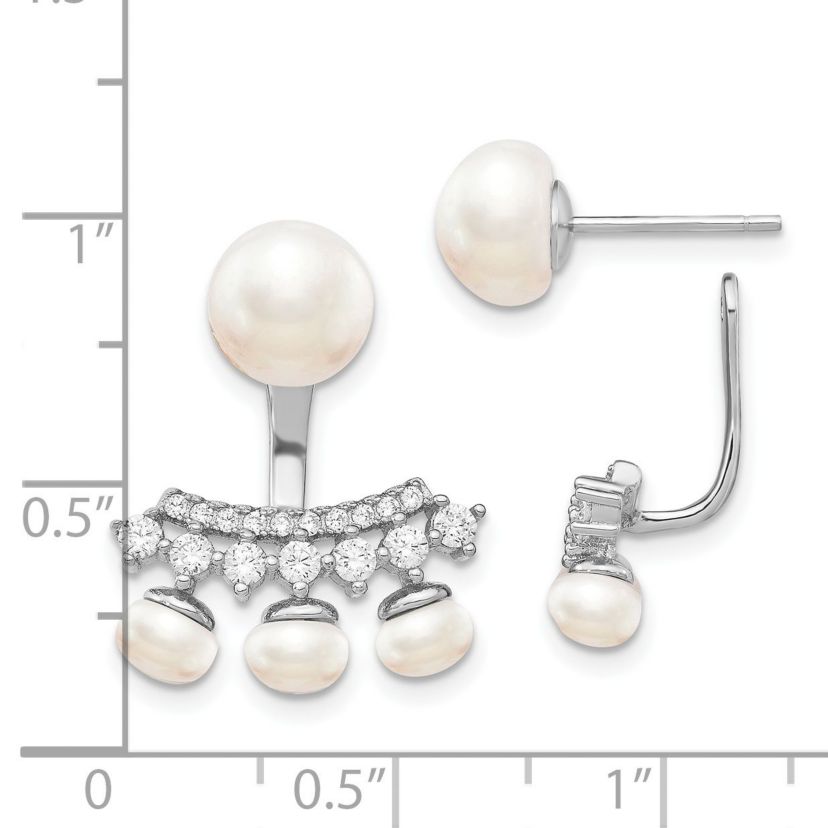 Sterling Silver Rhodium-plated White Freshwater Cultured Pearl Cubic Zirconia Front/Back Earrings