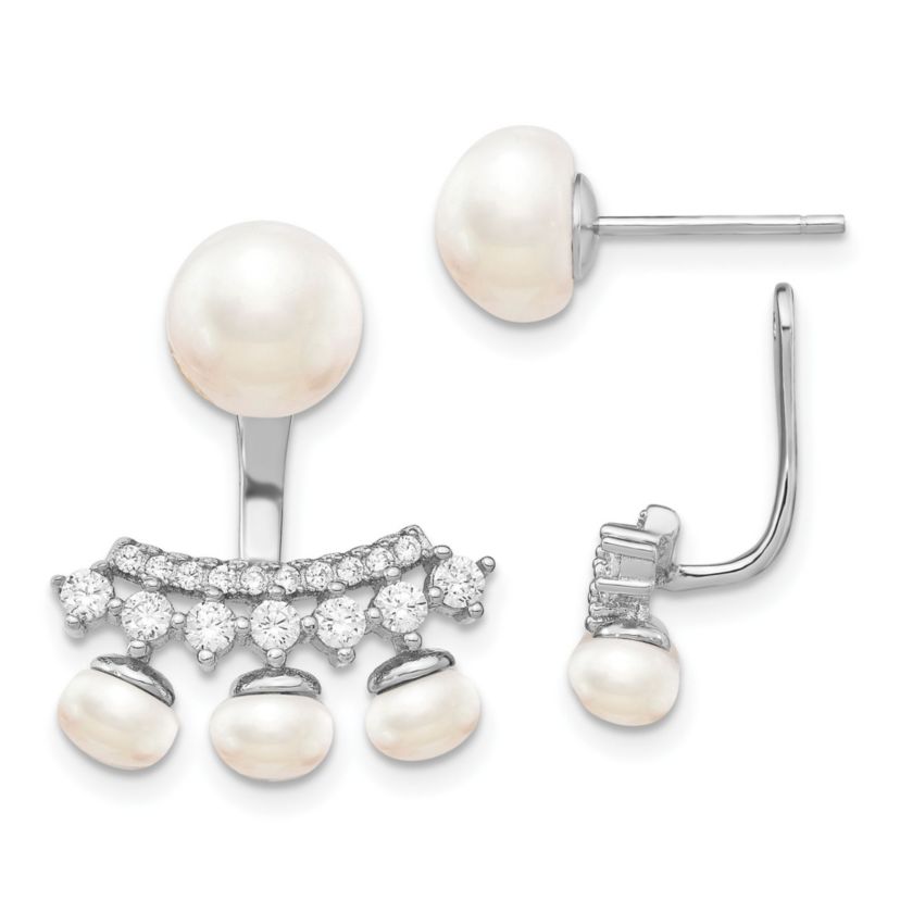 Sterling Silver Rhodium-plated White Freshwater Cultured Pearl Cubic Zirconia Front/Back Earrings