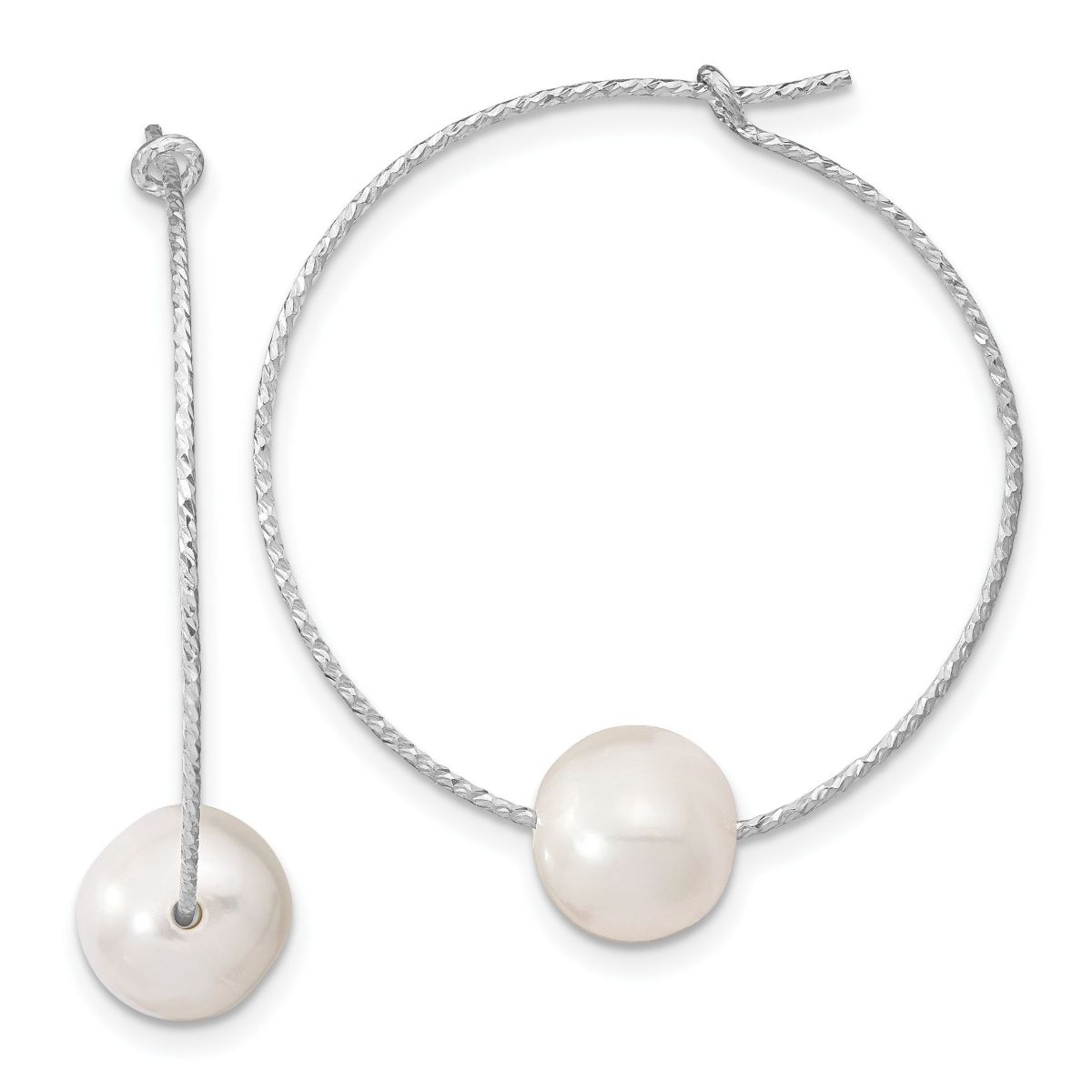 Sterling Silver Rhodium-plated 8-9mm White Round Freshwater Cultured Pearl Hoop Earrings