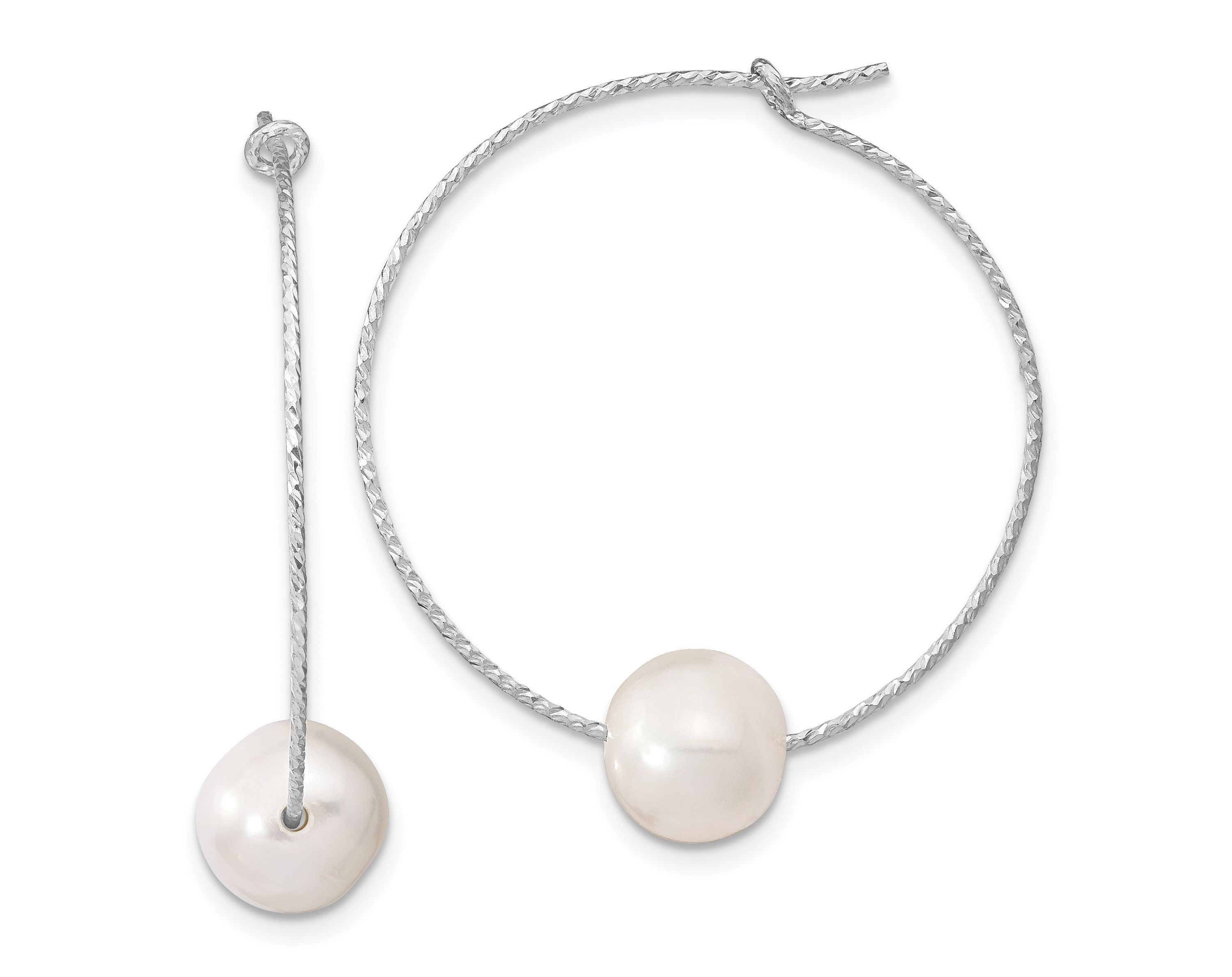 Sterling Silver Rhodium-plated 8-9mm White Round Freshwater Cultured Pearl Hoop Earrings