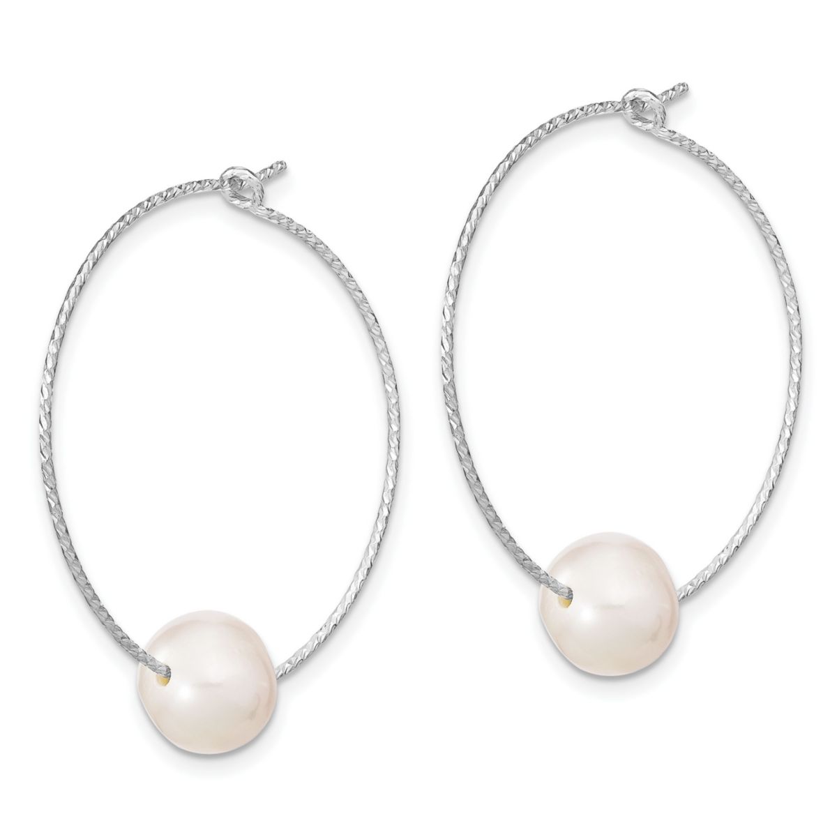 Sterling Silver Rhodium-plated 8-9mm White Round Freshwater Cultured Pearl Hoop Earrings