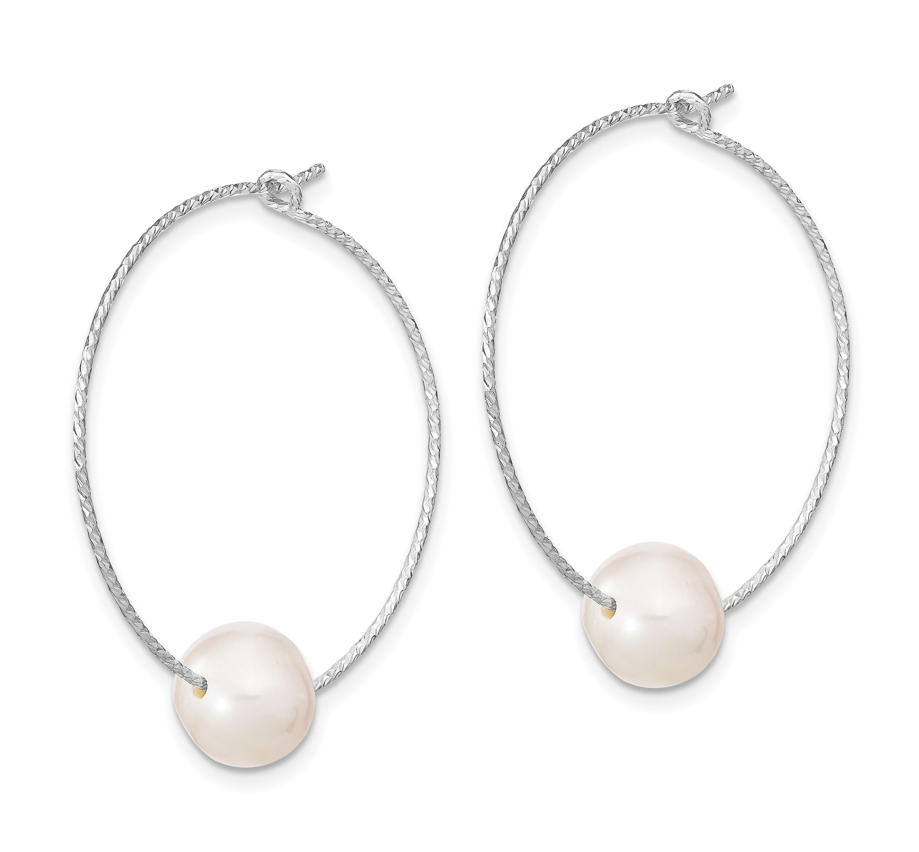 Sterling Silver Rhodium-plated 8-9mm White Round Freshwater Cultured Pearl Hoop Earrings