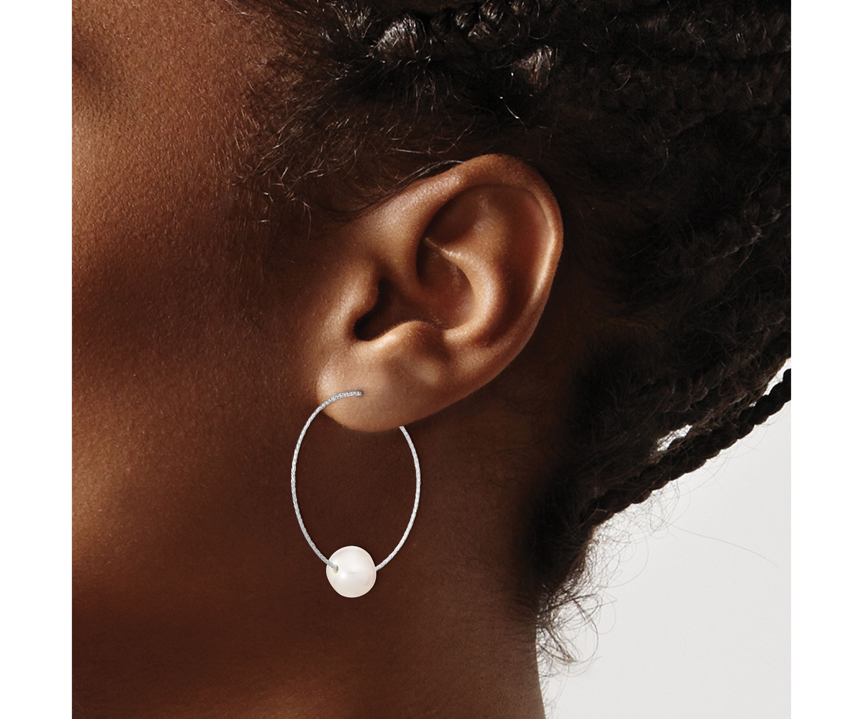 Sterling Silver Rhodium-plated 8-9mm White Round Freshwater Cultured Pearl Hoop Earrings
