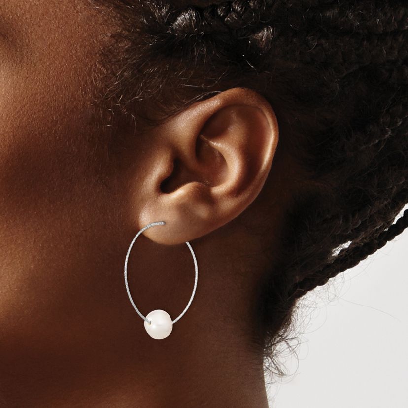 Sterling Silver Rhodium-plated 8-9mm White Round Freshwater Cultured Pearl Hoop Earrings