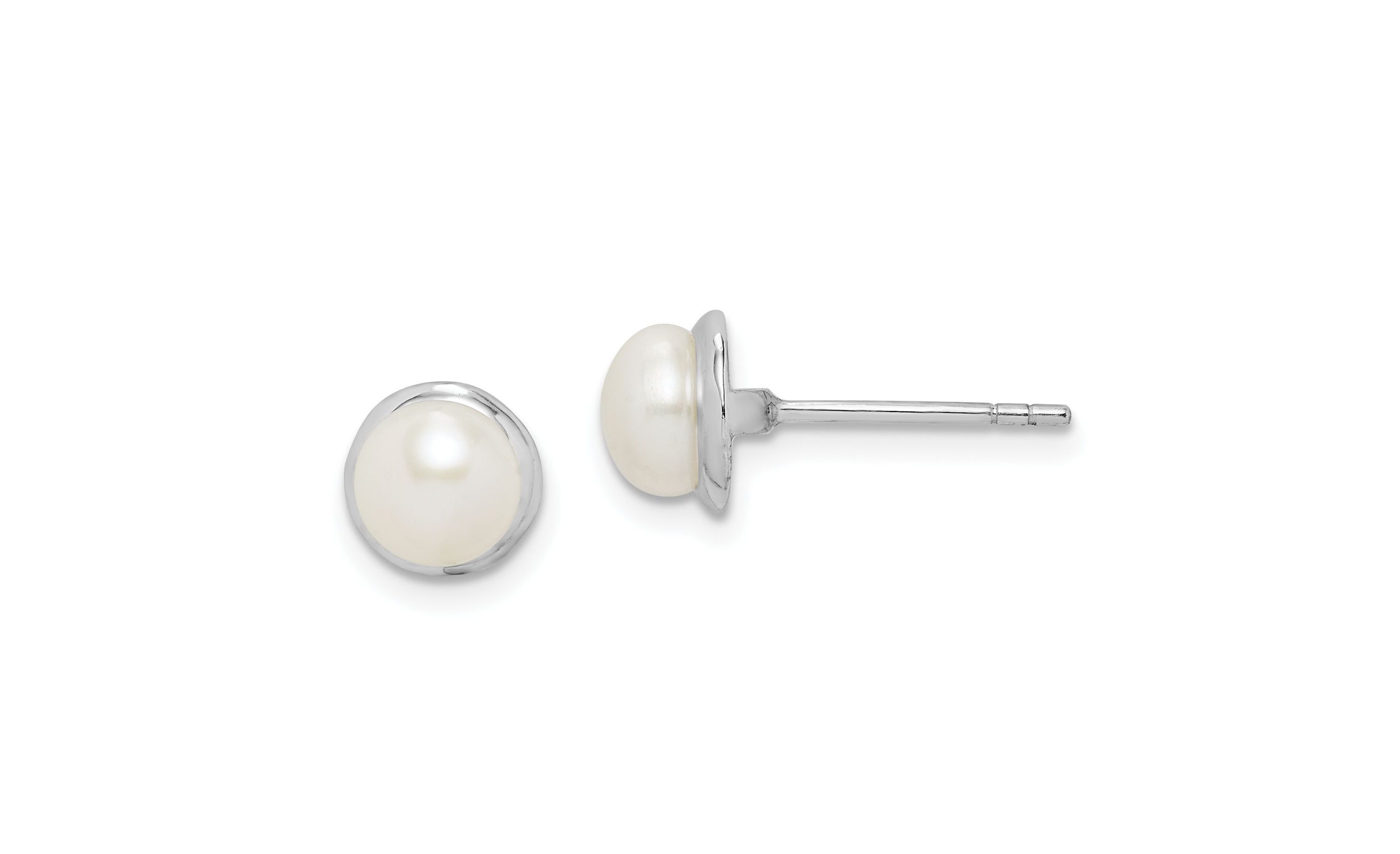 Sterling Silver Rhodium-plated 6-7mm White Button Freshwater Cultured Pearl Earrings