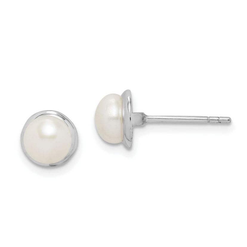 Sterling Silver Rhodium-plated 6-7mm White Button Freshwater Cultured Pearl Earrings