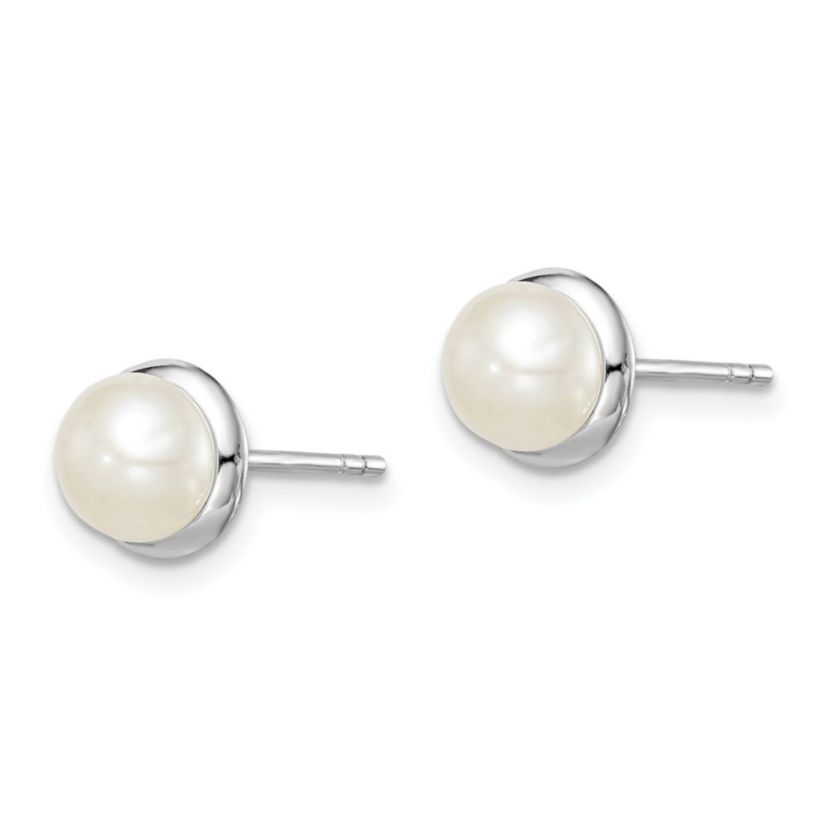 Sterling Silver Rhodium-plated 6-7mm White Button Freshwater Cultured Pearl Earrings