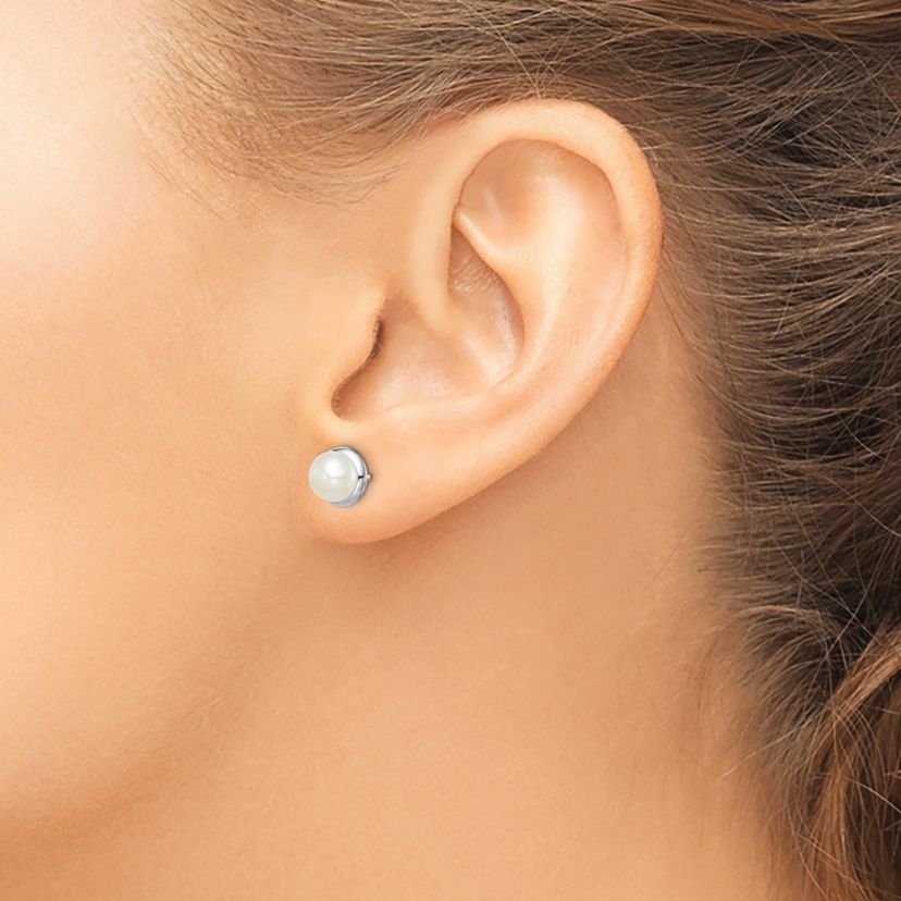 Sterling Silver Rhodium-plated 6-7mm White Button Freshwater Cultured Pearl Earrings