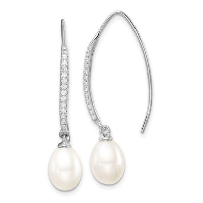 Belk & Co Sterling Silver Rhodium-plated 7-8mm Rice Freshwater Cultured Pearl Cubic Zirconia Threader Earrings, White