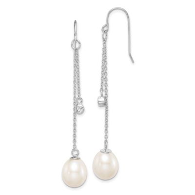 Belk & Co Sterling Silver Rhodium-plated 9-10mm Rice Freshwater Cultured Pearl Cubic Zirconia Dangle Earrings, White