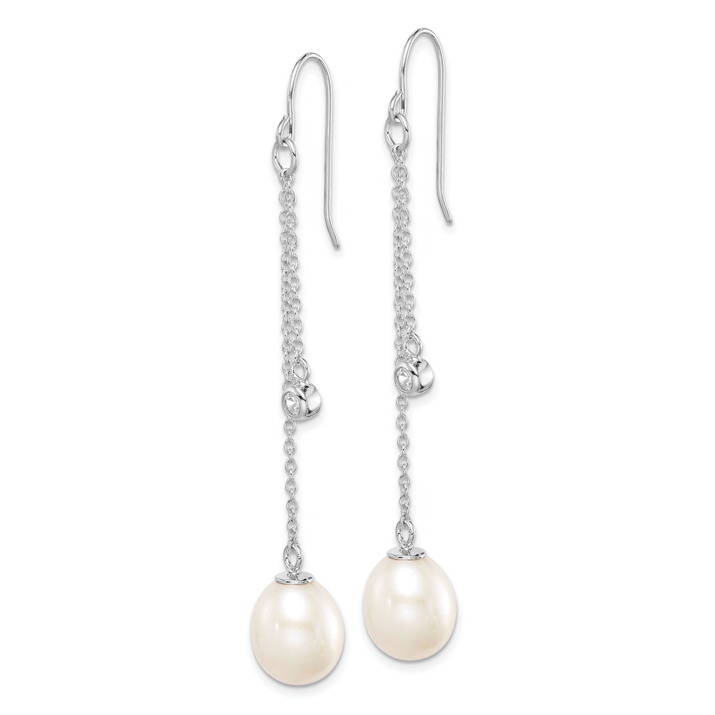 Sterling Silver Rhodium-plated 9-10mm Rice Freshwater Cultured Pearl Cubic Zirconia Dangle Earrings
