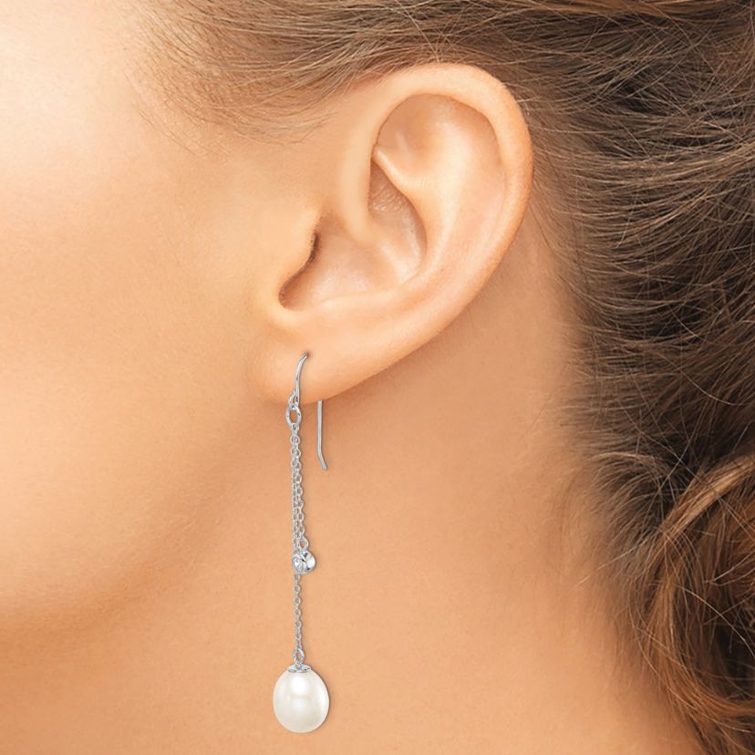 Sterling Silver Rhodium-plated 9-10mm Rice Freshwater Cultured Pearl Cubic Zirconia Dangle Earrings