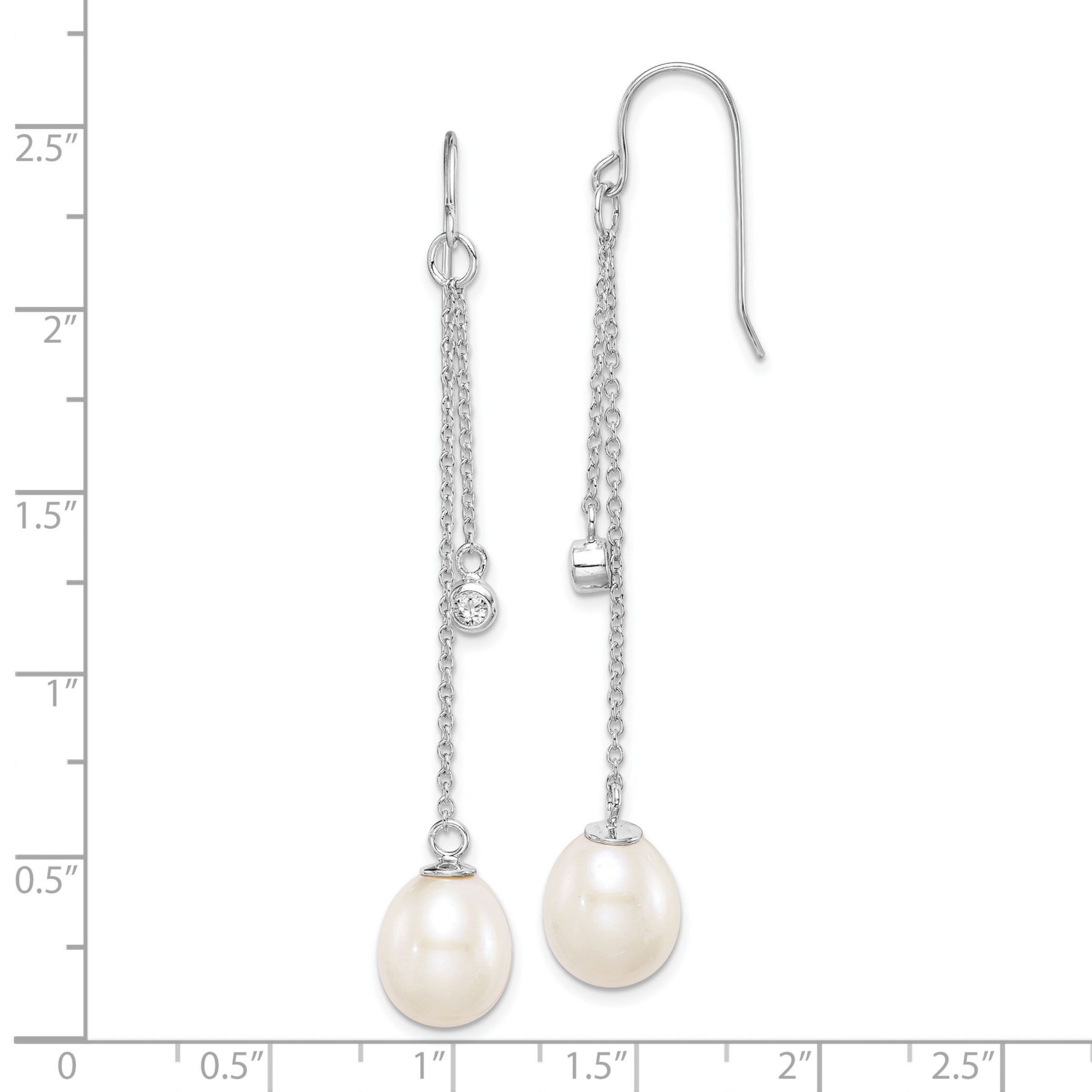 Sterling Silver Rhodium-plated 9-10mm Rice Freshwater Cultured Pearl Cubic Zirconia Dangle Earrings