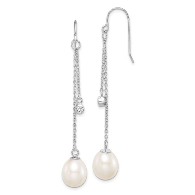 Sterling Silver Rhodium-plated 9-10mm Rice Freshwater Cultured Pearl Cubic Zirconia Dangle Earrings