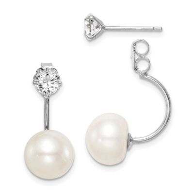 Belk & Co Sterling Silver Rhodium-plated 9-10mm Button Freshwater Cultured Pearl Cubic Zirconia Front/Back Earrings, White