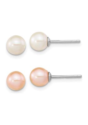 Belk & Co Sterling Silver Rhodium-plated 6-7mm Set of 2 White/Pink Round Freshwater Cultured Pearl Earrings, White