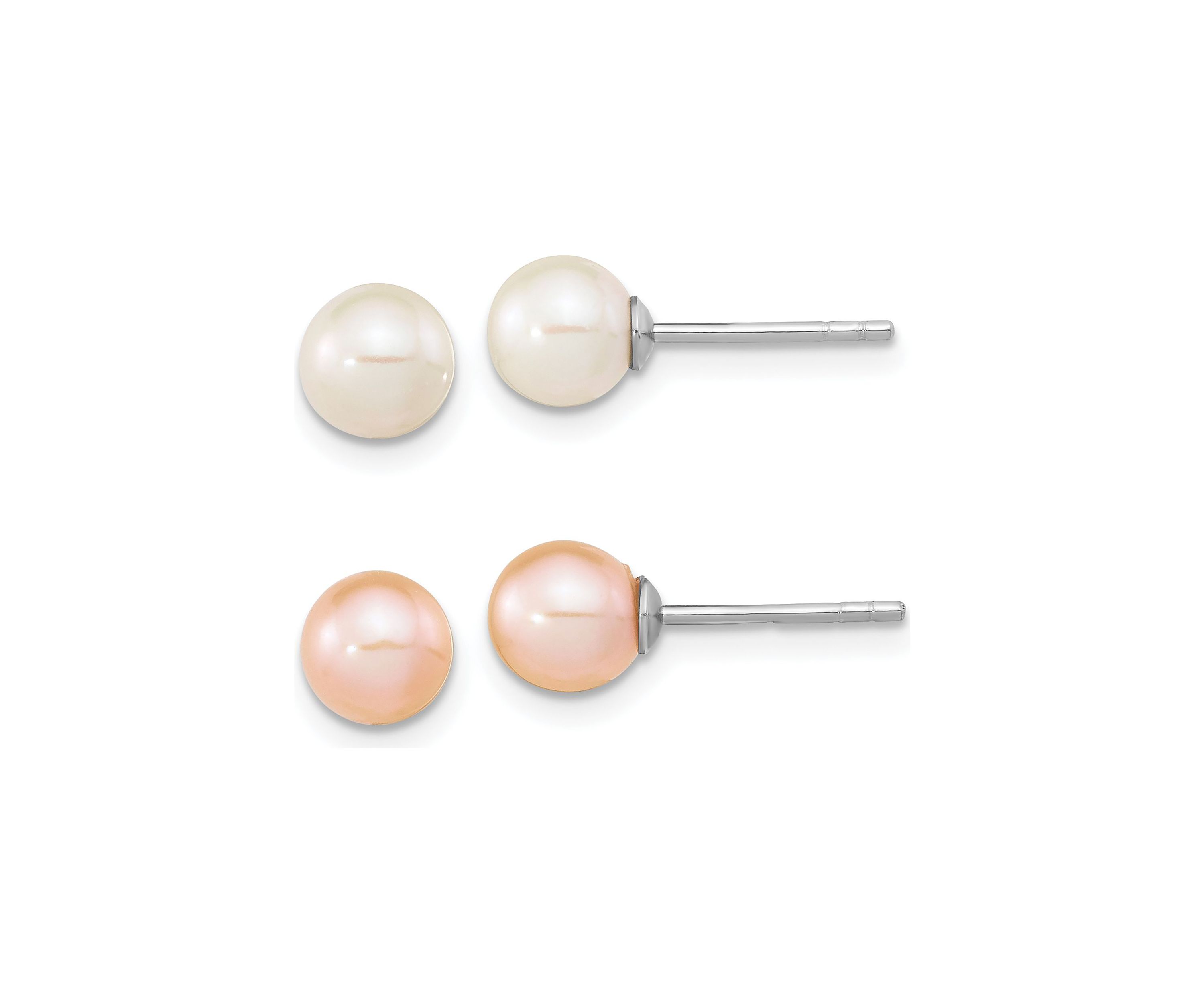 Sterling Silver Rhodium-plated 6-7mm Set of 2 White/Pink Round Freshwater Cultured Pearl Earrings