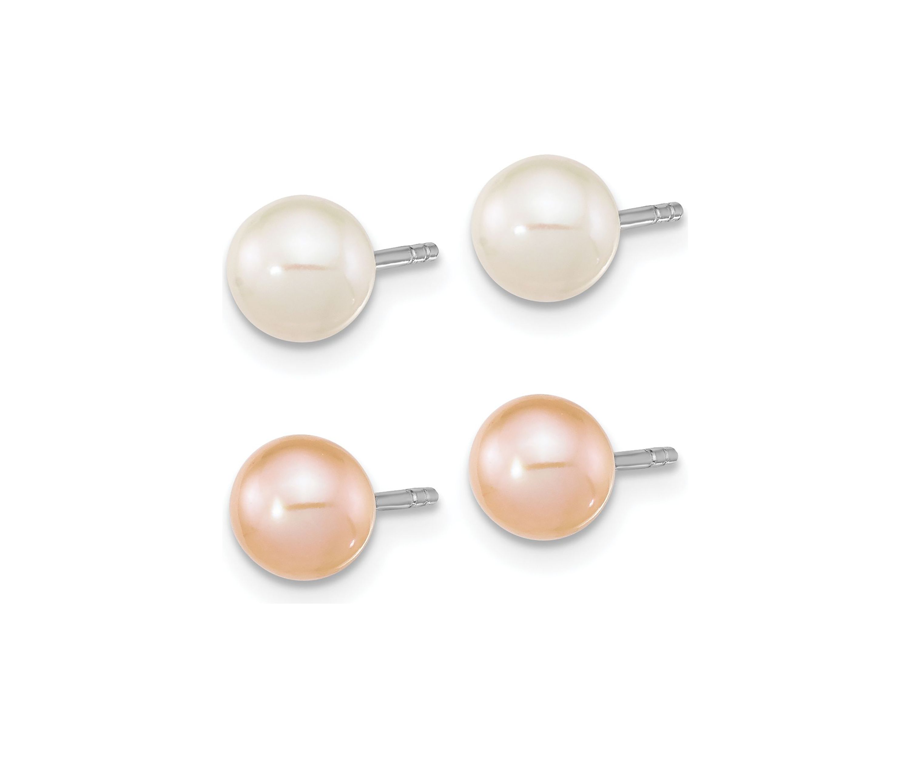Sterling Silver Rhodium-plated 6-7mm Set of 2 White/Pink Round Freshwater Cultured Pearl Earrings