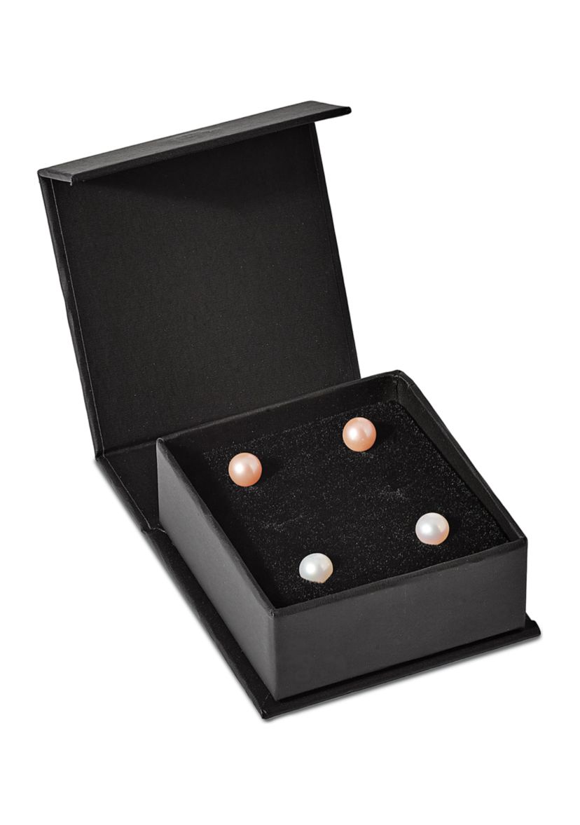 Sterling Silver Rhodium-plated 6-7mm Set of 2 White/Pink Round Freshwater Cultured Pearl Earrings