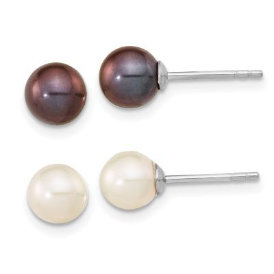 Belk & Co Sterling Silver Rhodium-plated 6-7mm Set of 2 White/Black Round Freshwater Cultured Pearl Earrings