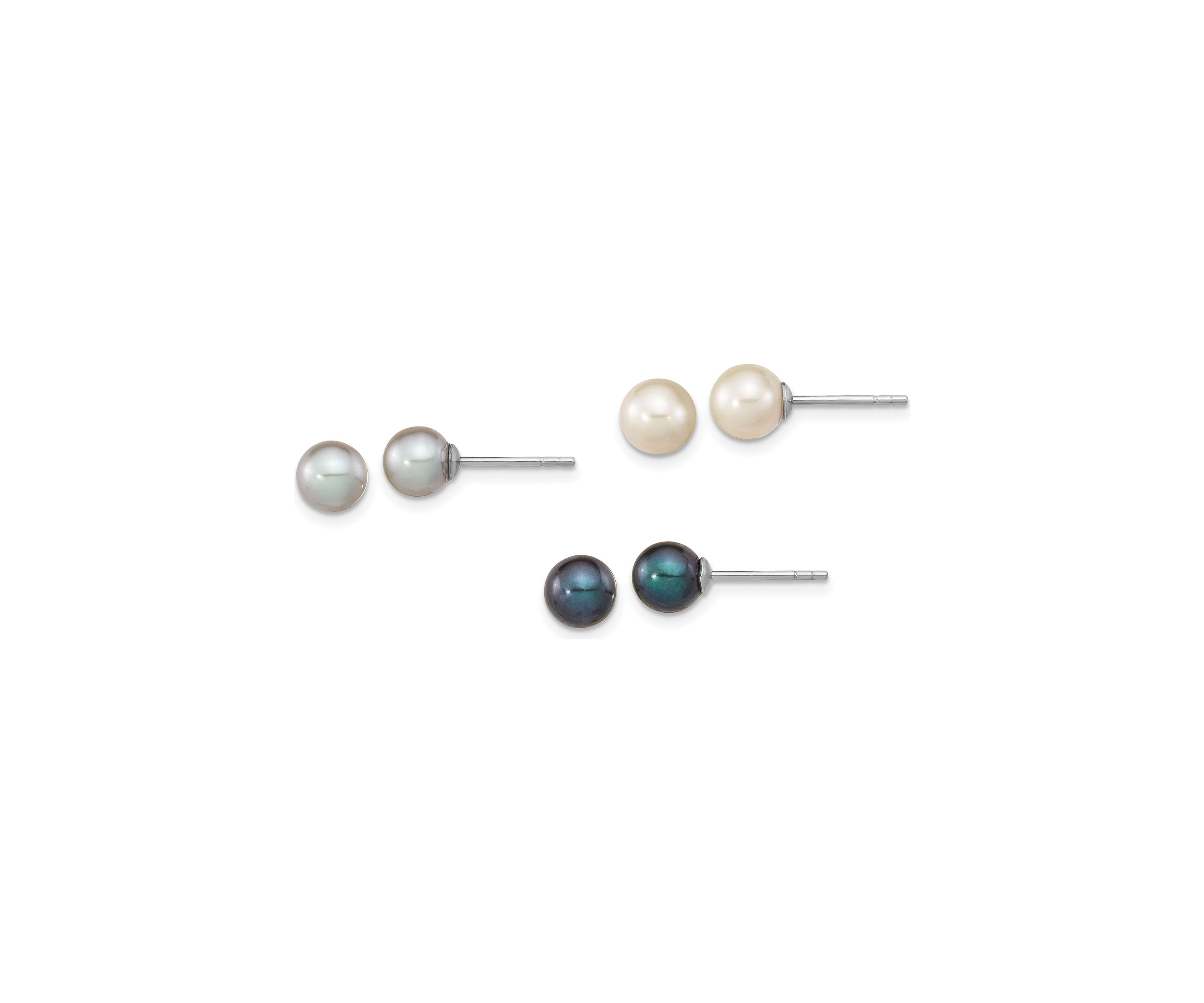 Sterling Silver Rhodium-plated 6-7mm Set of 3 White / Black / Grey Round Freshwater Cultured Pearl Earrings
