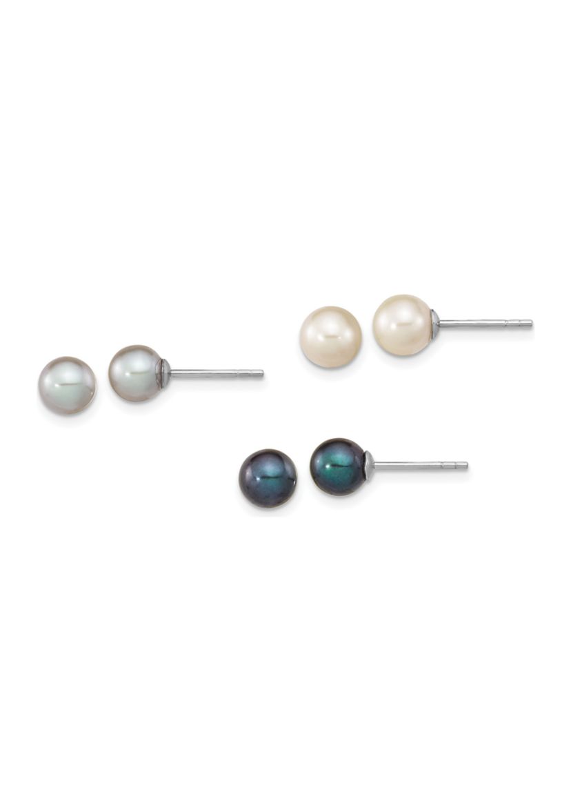 Sterling Silver Rhodium-plated 6-7mm Set of 3 White / Black / Grey Round Freshwater Cultured Pearl Earrings