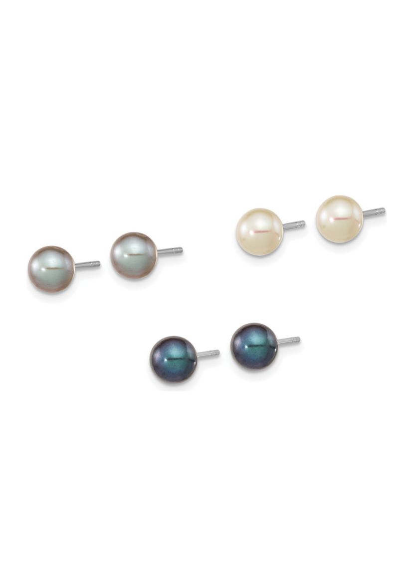 Sterling Silver Rhodium-plated 6-7mm Set of 3 White / Black / Grey Round Freshwater Cultured Pearl Earrings