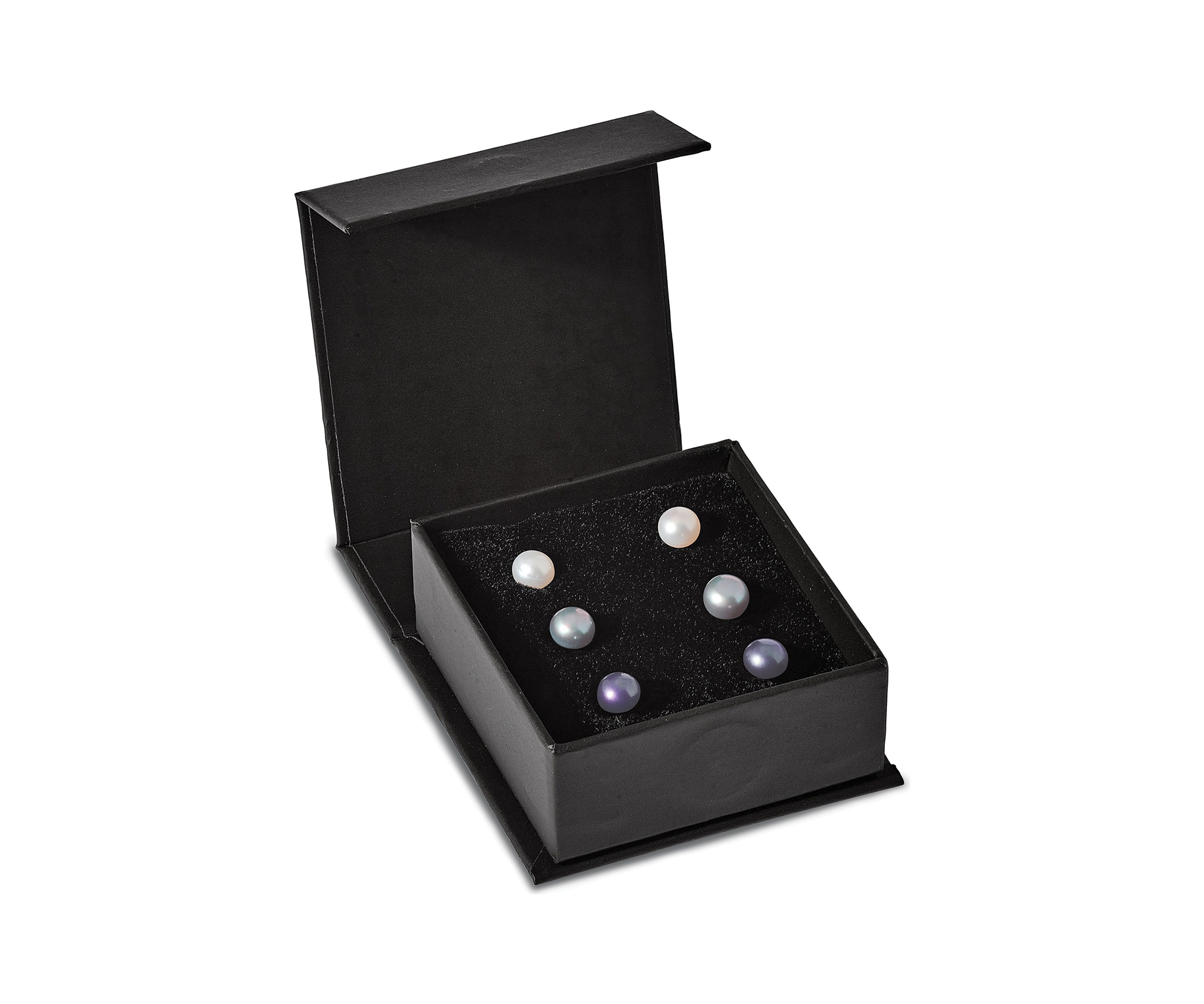 Sterling Silver Rhodium-plated 6-7mm Set of 3 White / Black / Grey Round Freshwater Cultured Pearl Earrings