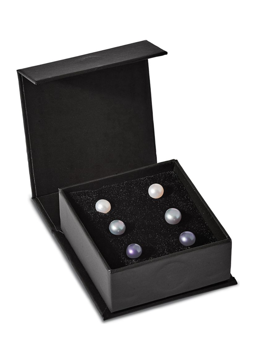 Sterling Silver Rhodium-plated 6-7mm Set of 3 White / Black / Grey Round Freshwater Cultured Pearl Earrings