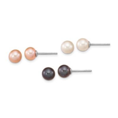Belk & Co Sterling Silver Rhodium-plated 6-7mm Set of 3 White / Black / Pink Round Freshwater Cultured Pearl Earrings
