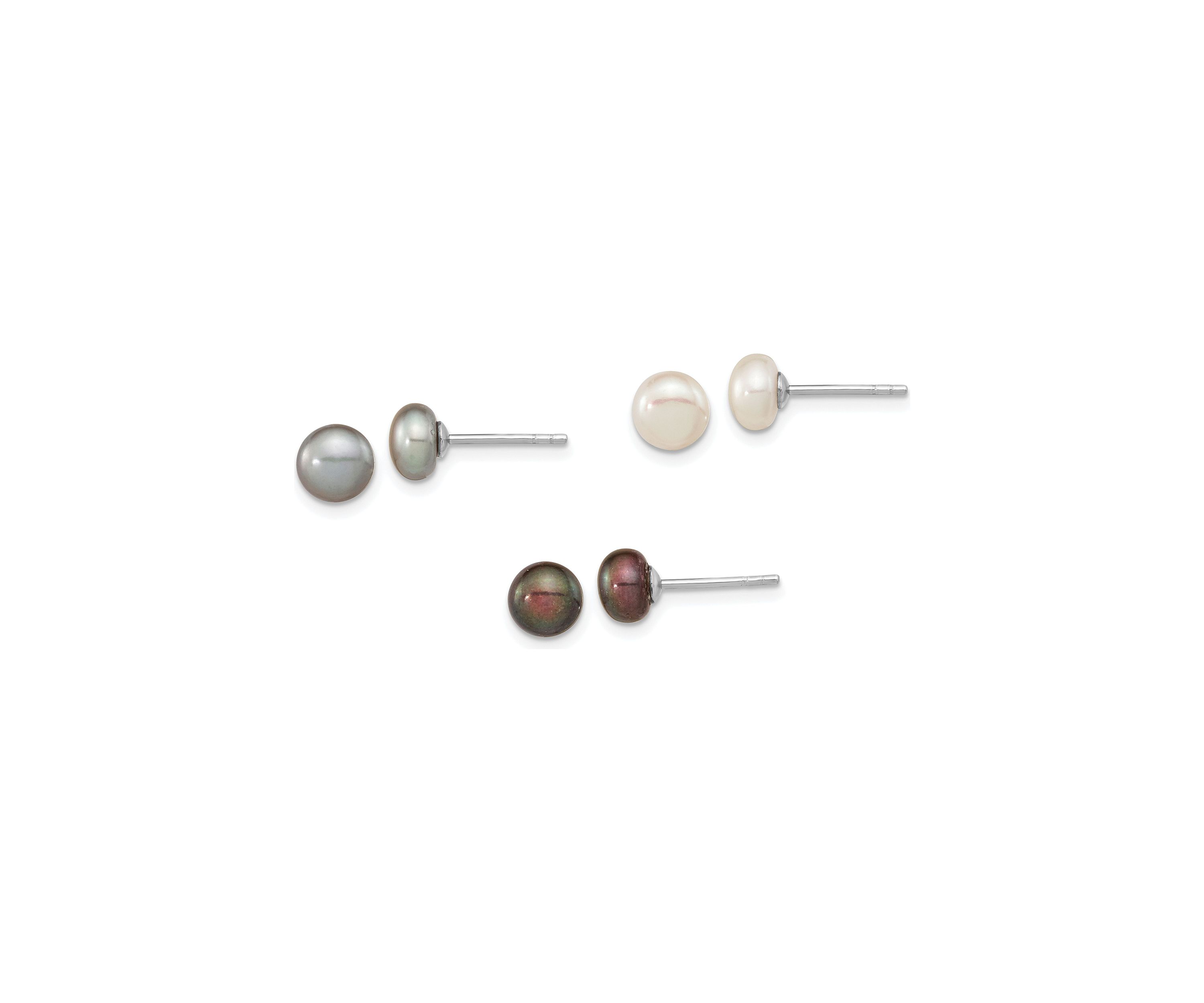 Sterling Silver Rhodium-plated 6-7mm Set of 3 White / Black / Grey Button Freshwater Cultured Pearl Earrings