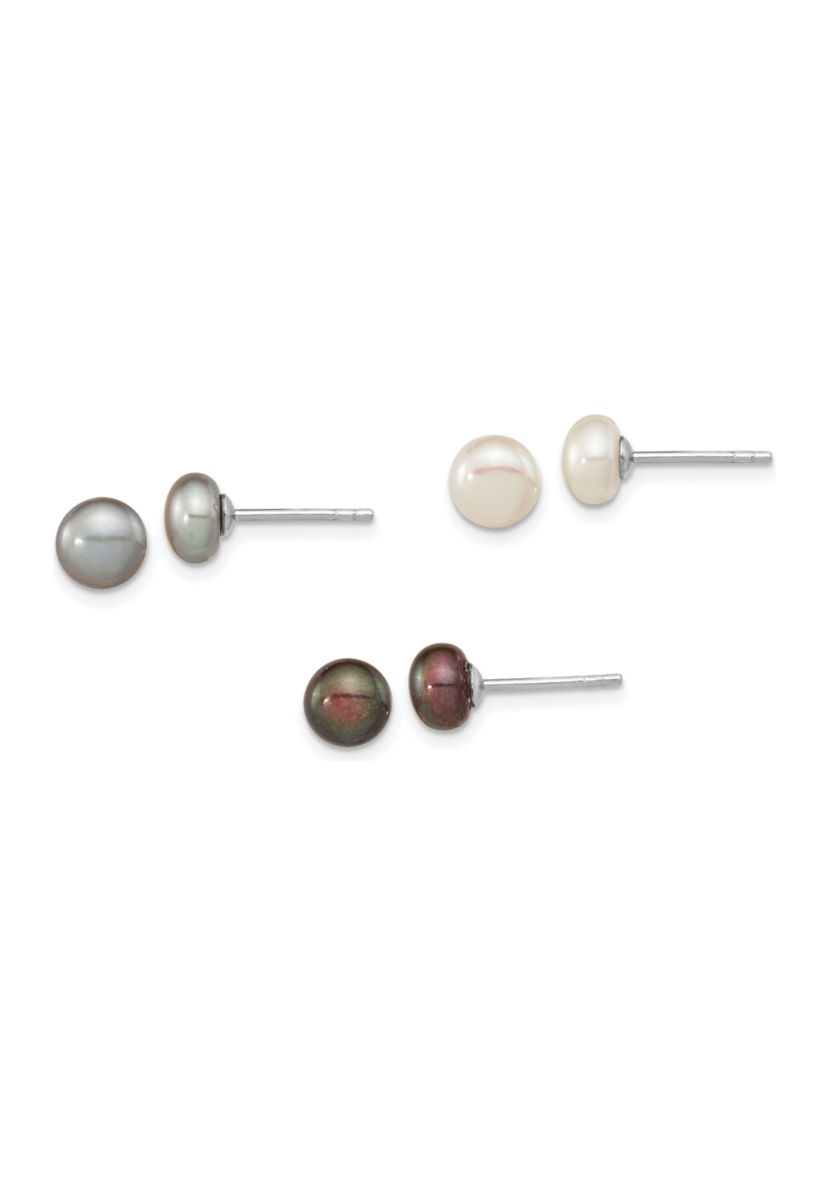 Sterling Silver Rhodium-plated 6-7mm Set of 3 White / Black / Grey Button Freshwater Cultured Pearl Earrings