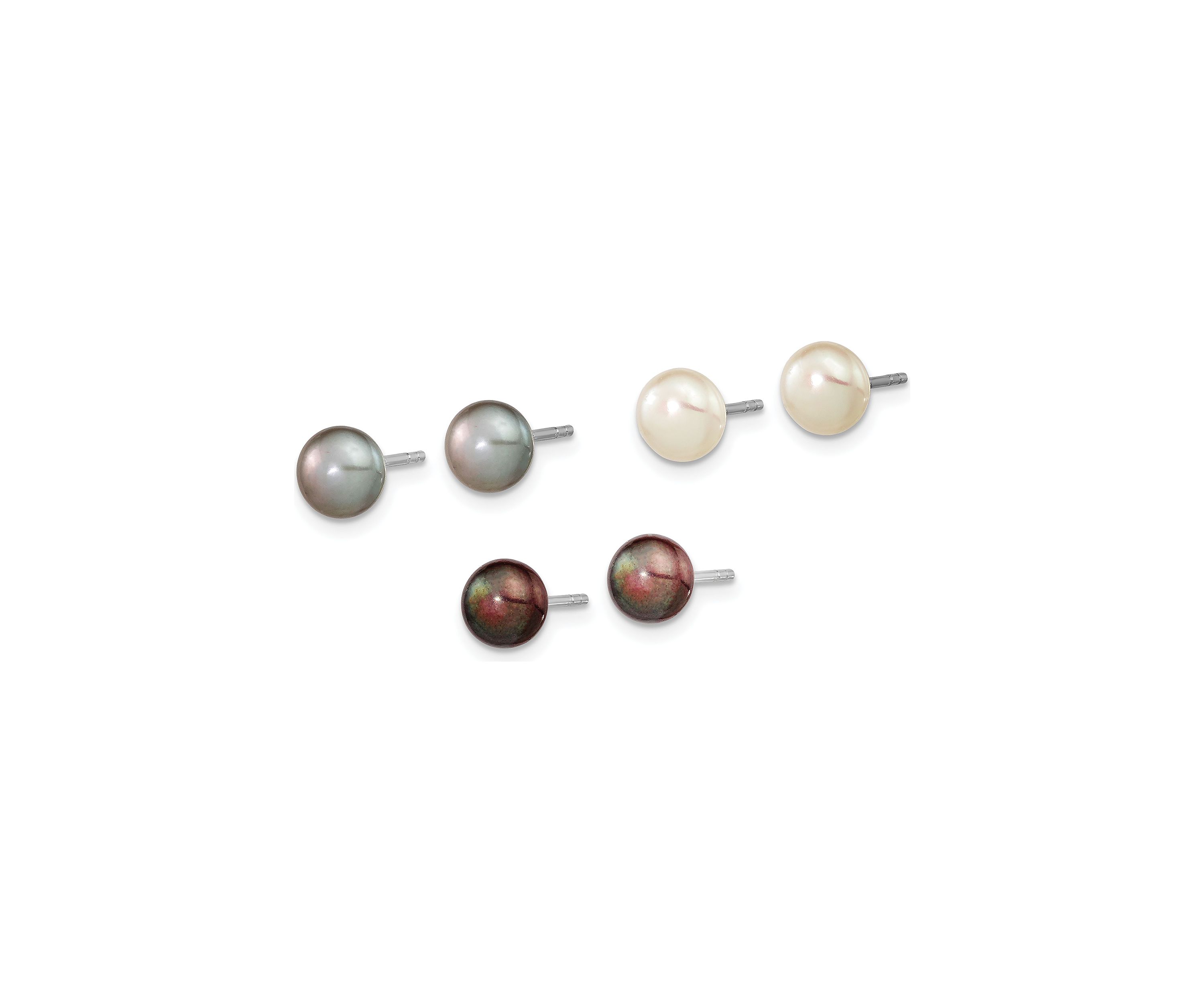 Sterling Silver Rhodium-plated 6-7mm Set of 3 White / Black / Grey Button Freshwater Cultured Pearl Earrings