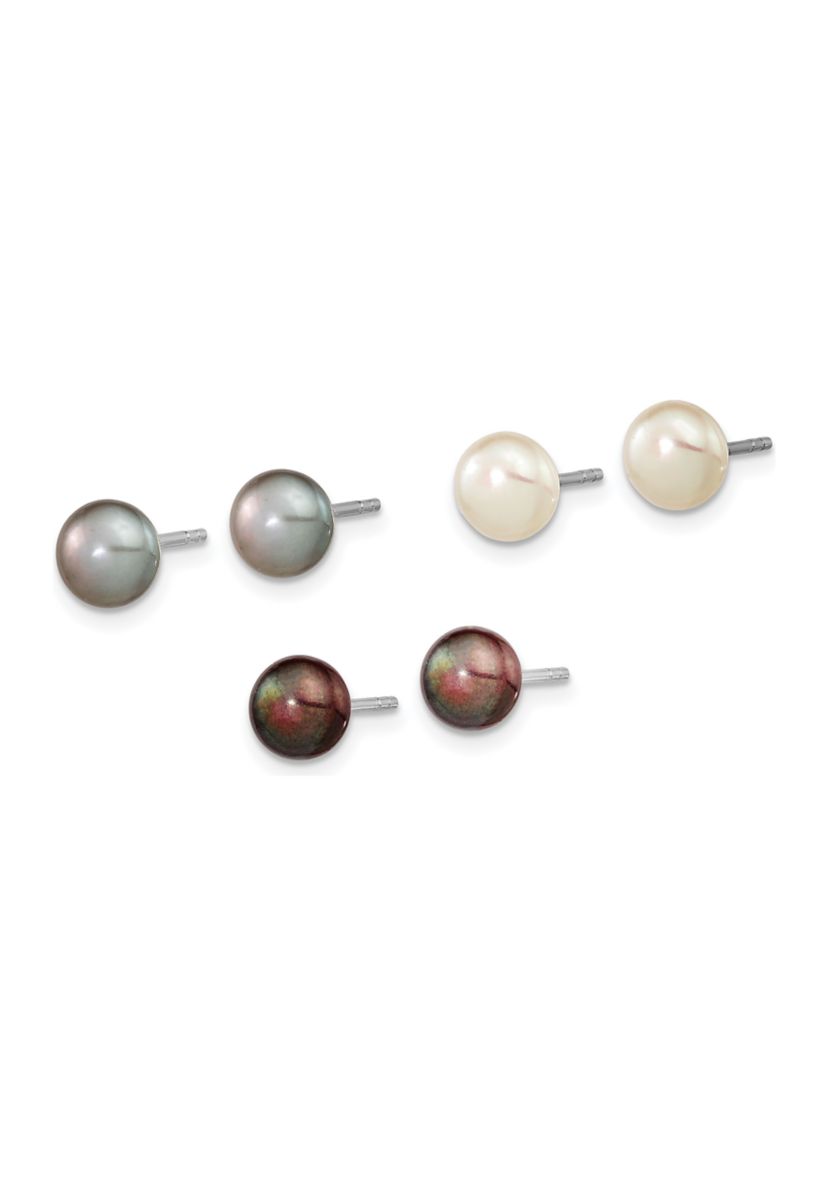 Sterling Silver Rhodium-plated 6-7mm Set of 3 White / Black / Grey Button Freshwater Cultured Pearl Earrings