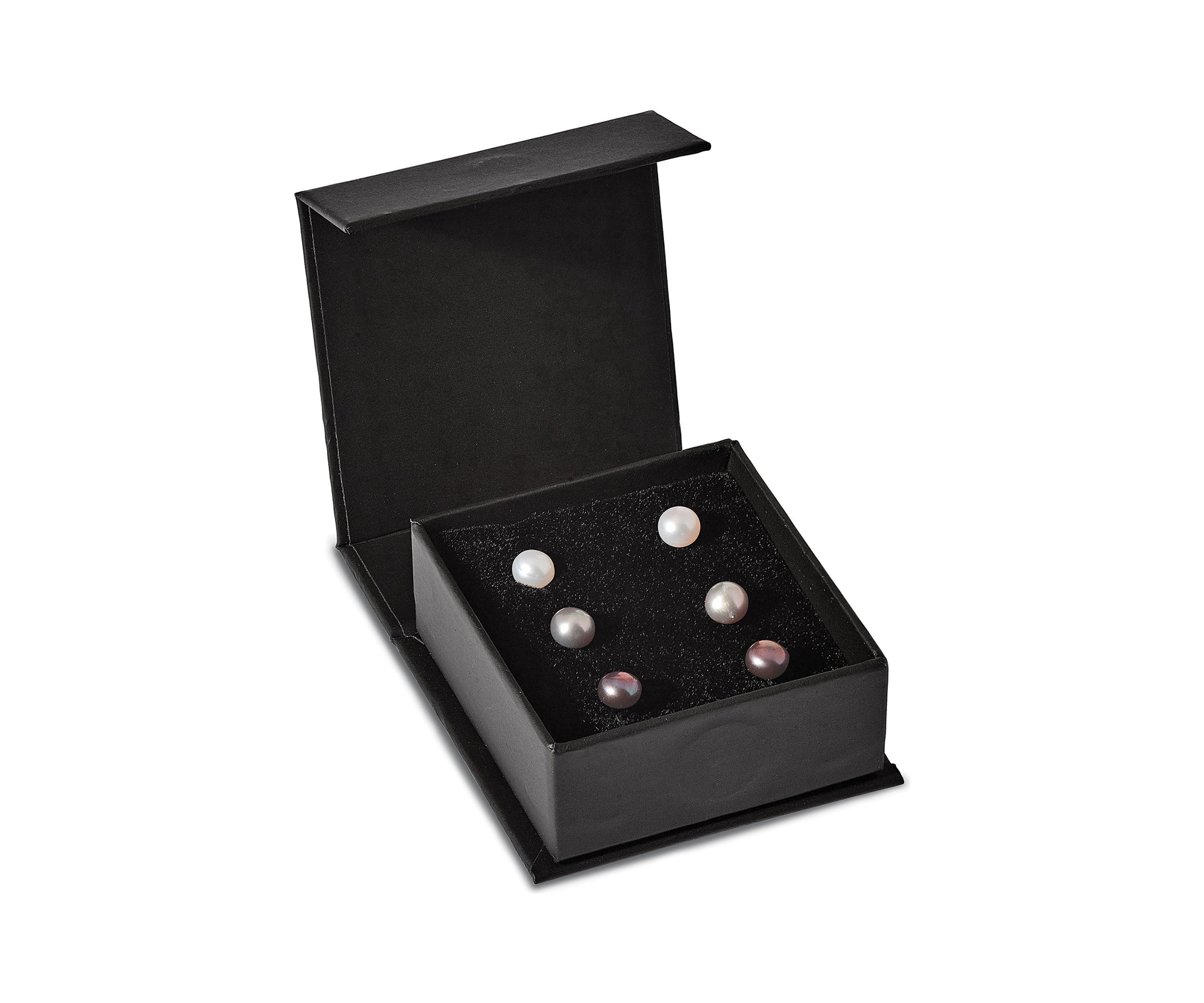 Sterling Silver Rhodium-plated 6-7mm Set of 3 White / Black / Grey Button Freshwater Cultured Pearl Earrings
