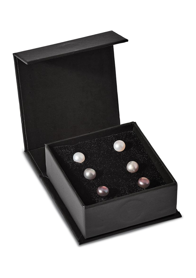Sterling Silver Rhodium-plated 6-7mm Set of 3 White / Black / Grey Button Freshwater Cultured Pearl Earrings
