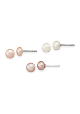 Belk & Co Sterling Silver Rhodium-plated 6-7mm Set of 3 White / Purple / Pink Button Freshwater Cultured Pearl Earrings