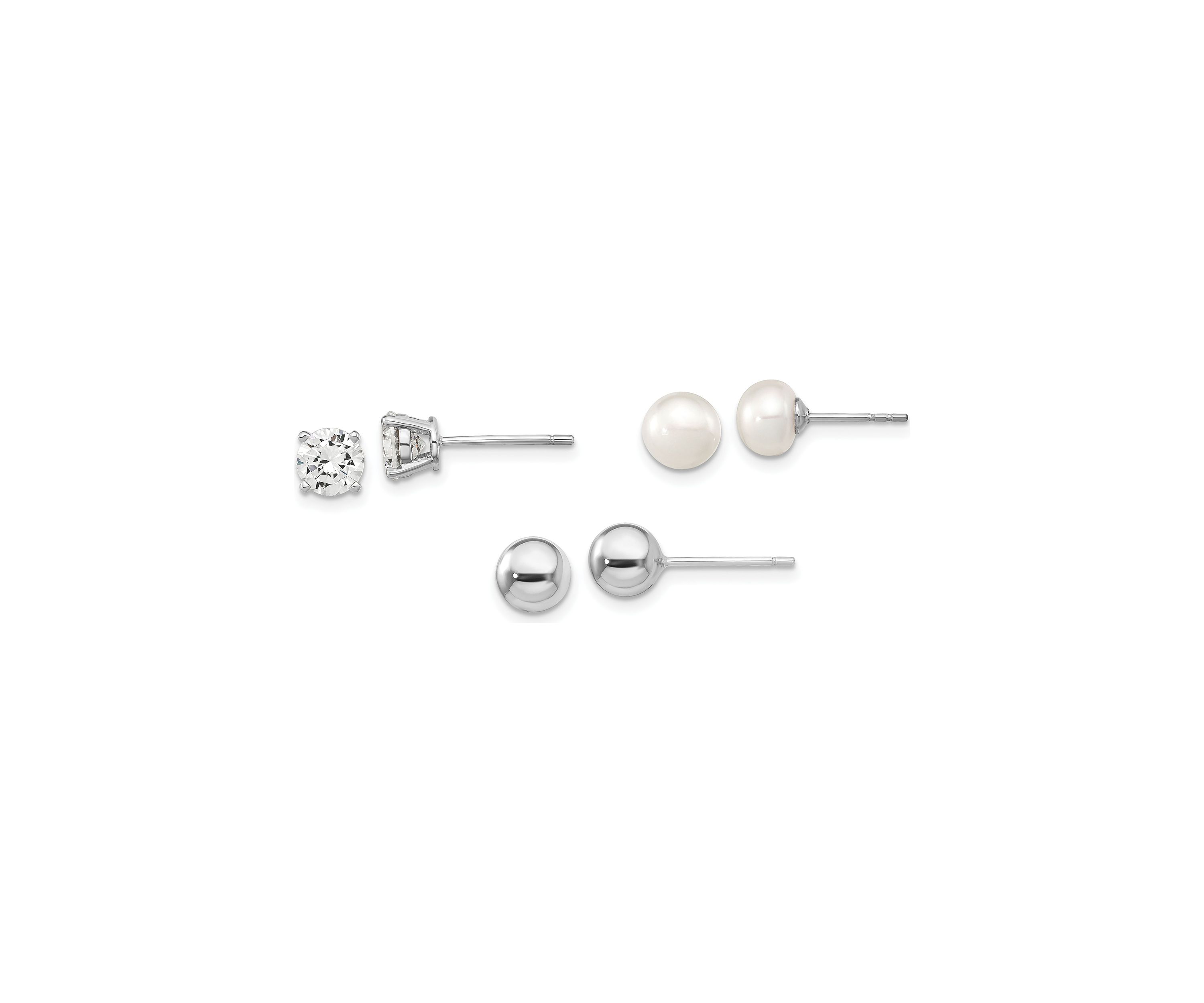 Sterling Silver Rhodium-plated Ball/ 6-7mm Button Freshwater Cultured Pearl/CZ Stud Ear Set