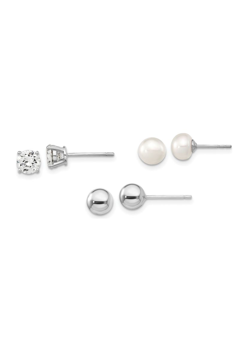 Sterling Silver Rhodium-plated Ball/ 6-7mm Button Freshwater Cultured Pearl/CZ Stud Ear Set