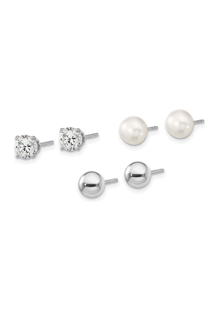 Sterling Silver Rhodium-plated Ball/ 6-7mm Button Freshwater Cultured Pearl/CZ Stud Ear Set