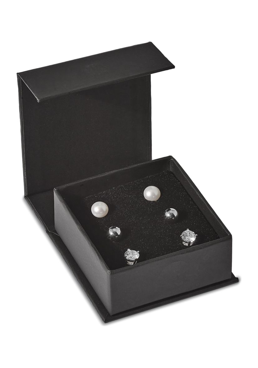 Sterling Silver Rhodium-plated Ball/ 6-7mm Button Freshwater Cultured Pearl/CZ Stud Ear Set