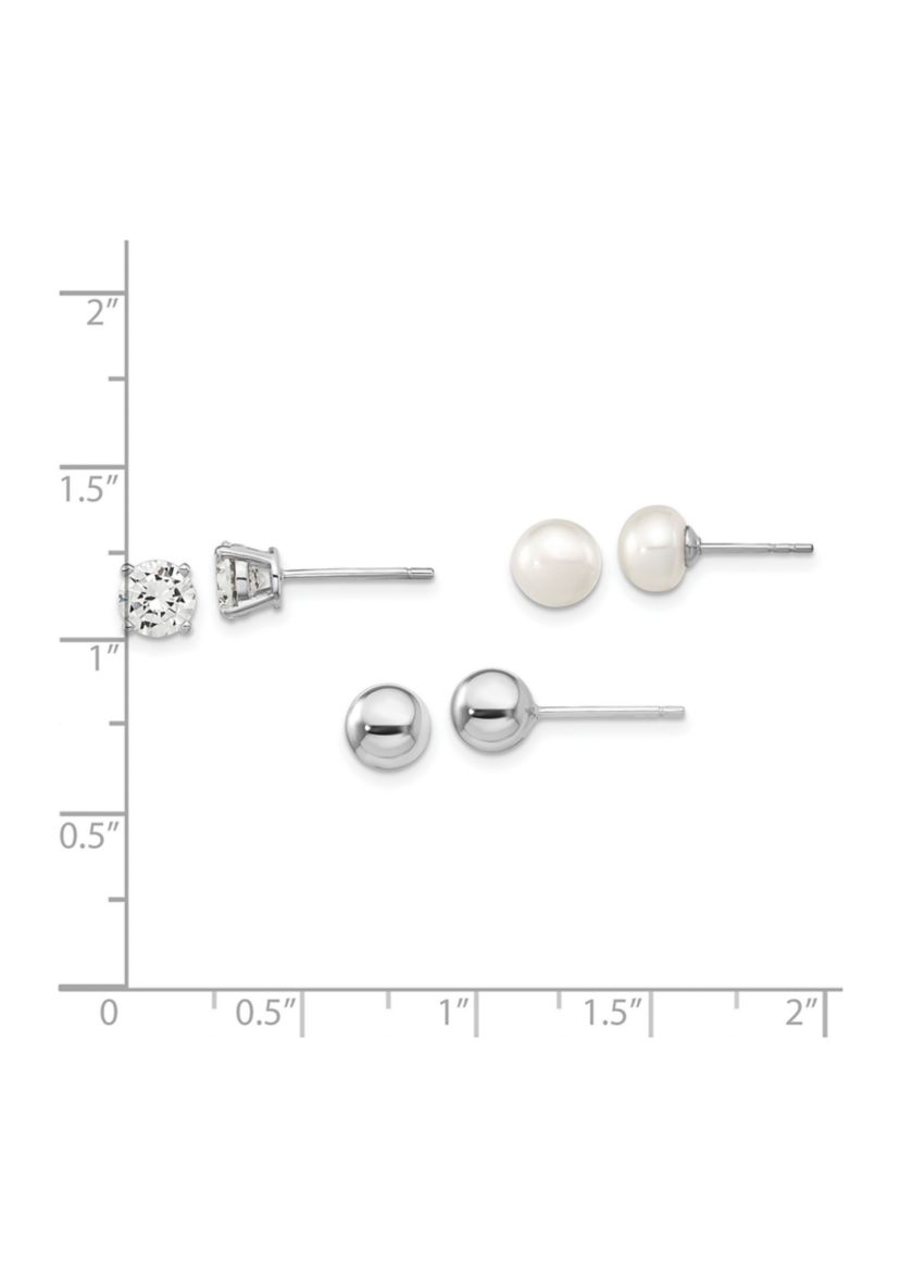 Sterling Silver Rhodium-plated Ball/ 6-7mm Button Freshwater Cultured Pearl/CZ Stud Ear Set