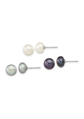 Belk & Co Sterling Silver Rhodium-plated 8-9mm Set of 3 White/ Black / Grey Button Freshwater Cultured Pearl Earrings