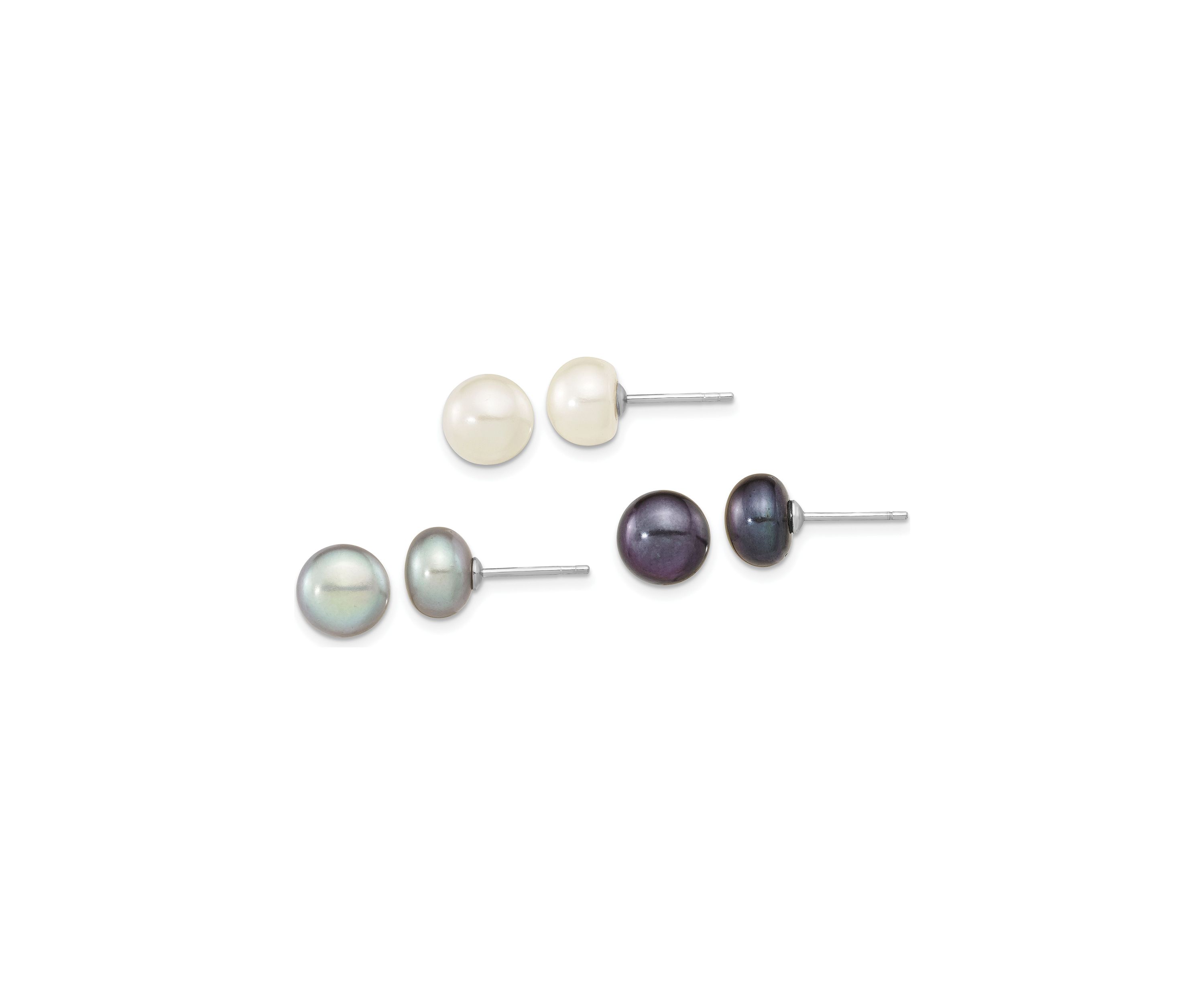 Sterling Silver Rhodium-plated 8-9mm Set of 3 White/ Black / Grey Button Freshwater Cultured Pearl Earrings