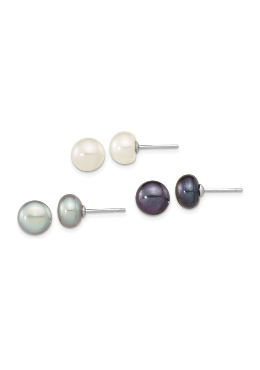 Sterling Silver Rhodium-plated 8-9mm Set of 3 White/ Black / Grey Button Freshwater Cultured Pearl Earrings