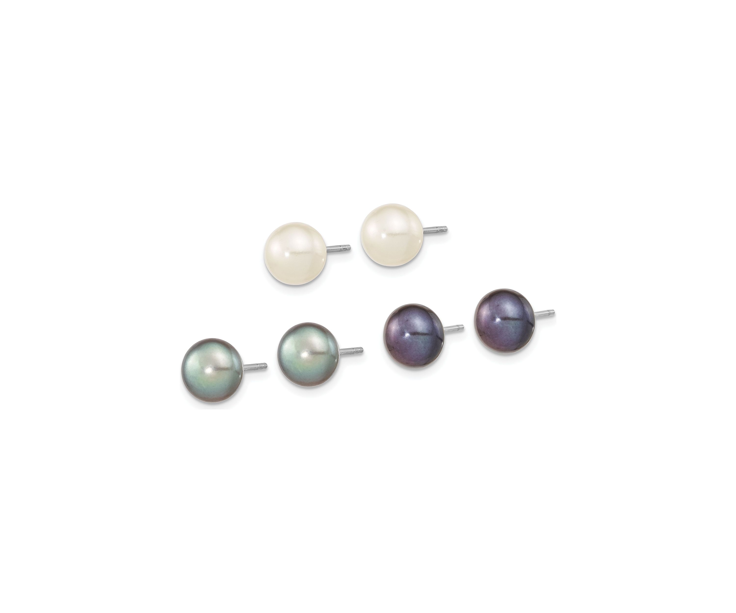 Sterling Silver Rhodium-plated 8-9mm Set of 3 White/ Black / Grey Button Freshwater Cultured Pearl Earrings