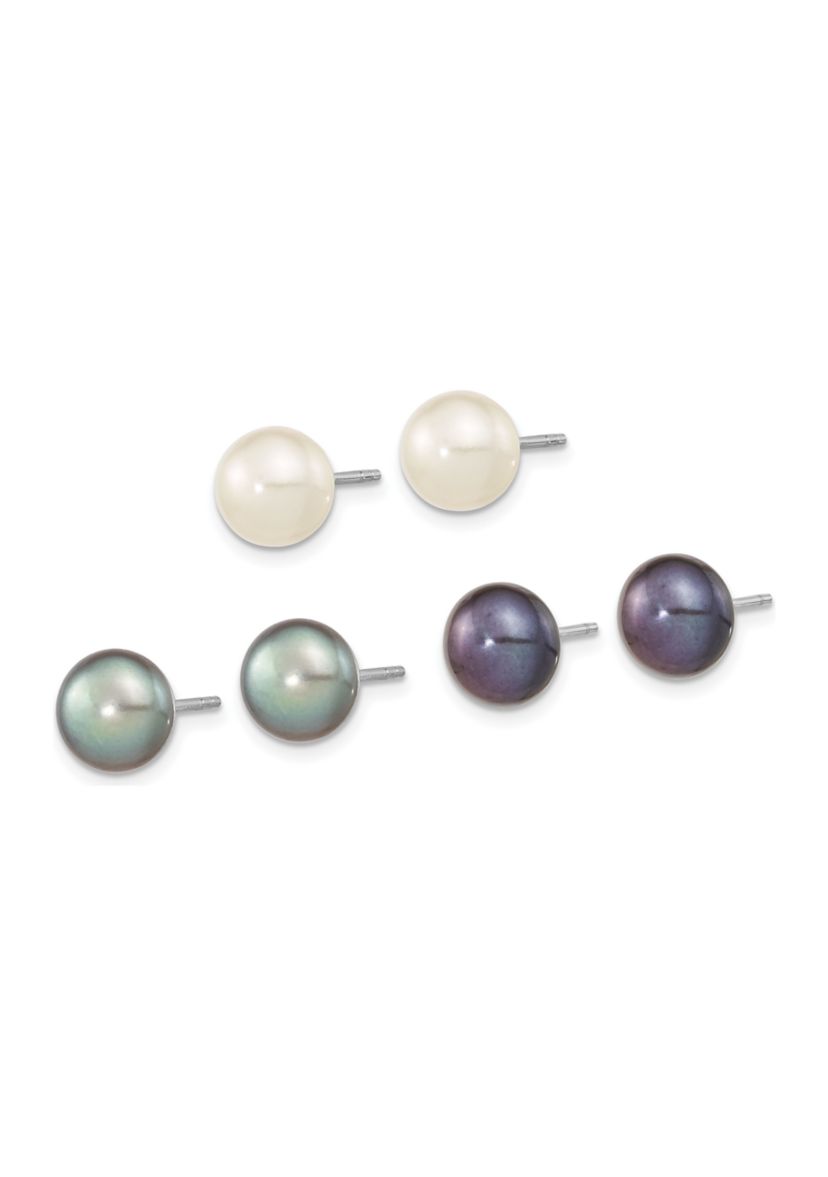 Sterling Silver Rhodium-plated 8-9mm Set of 3 White/ Black / Grey Button Freshwater Cultured Pearl Earrings