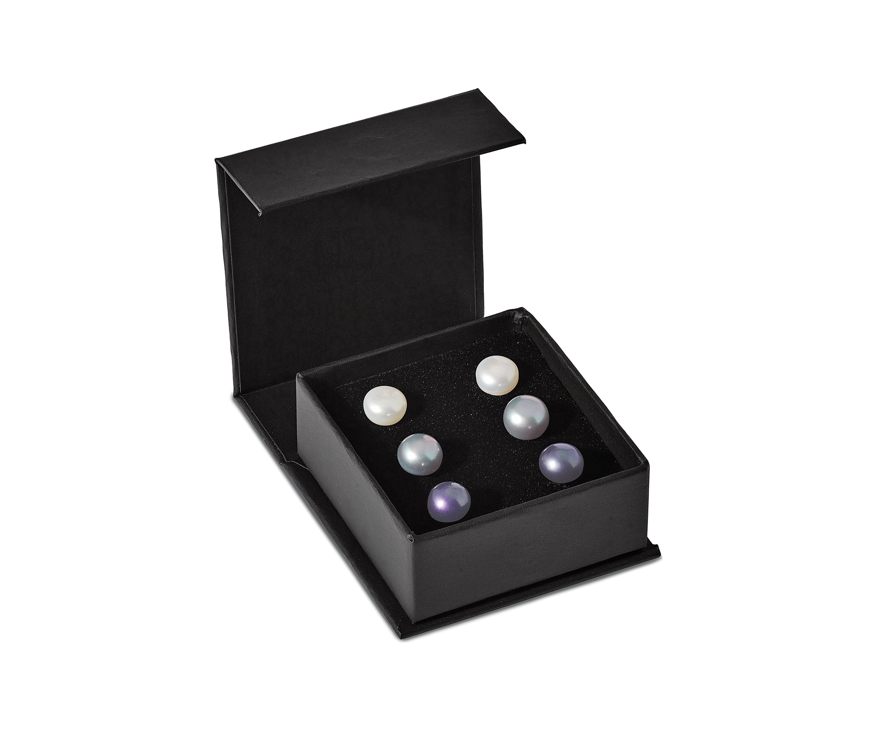Sterling Silver Rhodium-plated 8-9mm Set of 3 White/ Black / Grey Button Freshwater Cultured Pearl Earrings