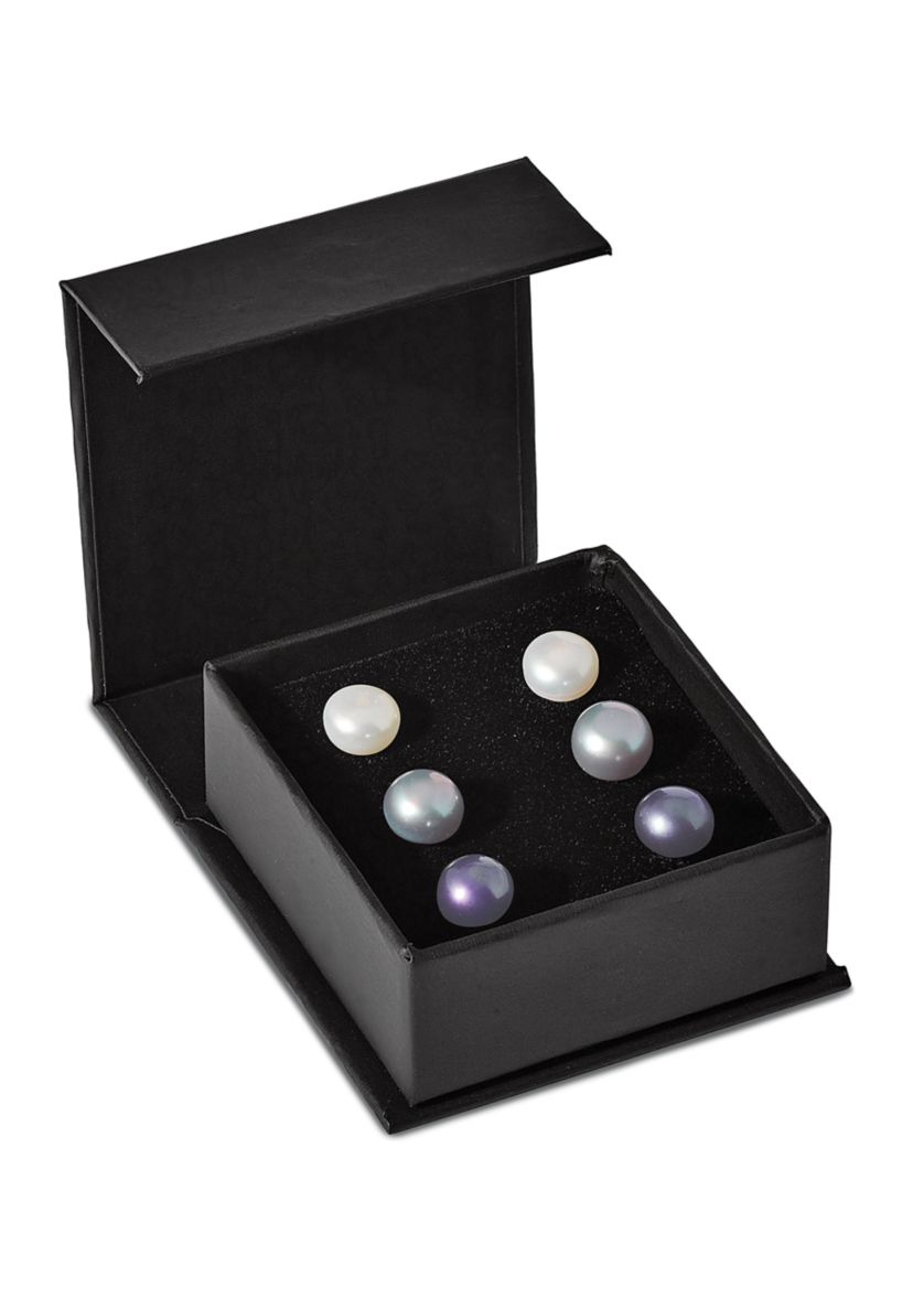 Sterling Silver Rhodium-plated 8-9mm Set of 3 White/ Black / Grey Button Freshwater Cultured Pearl Earrings