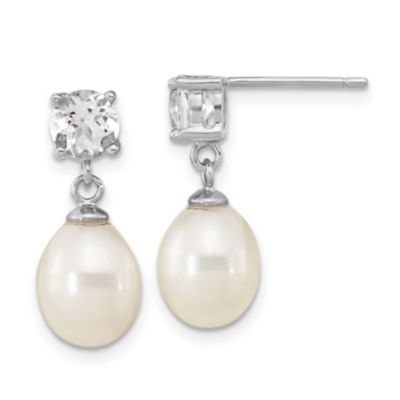Belk & Co 2.64 ct. t.w. White Topaz and Freshwater Cultured Pearl Rhodium-plated 7-10mm White Teardrop Earrings in Sterling Silver
